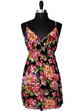 Prototype Sz L Floral Mini Dress Black Pink Rose Smocked Empire Waist Cami